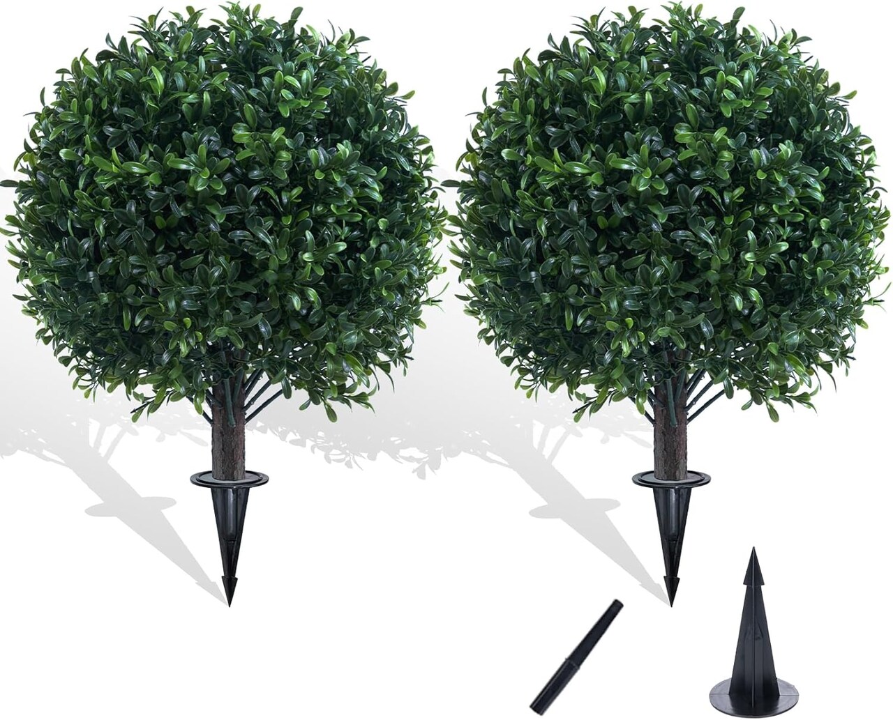 22" Artificial Boxwood Topiary Outdoor Plants with Spike, 2 Pack Faux Bushes UV Resistant Fake Shrubs for Front Porch Décor